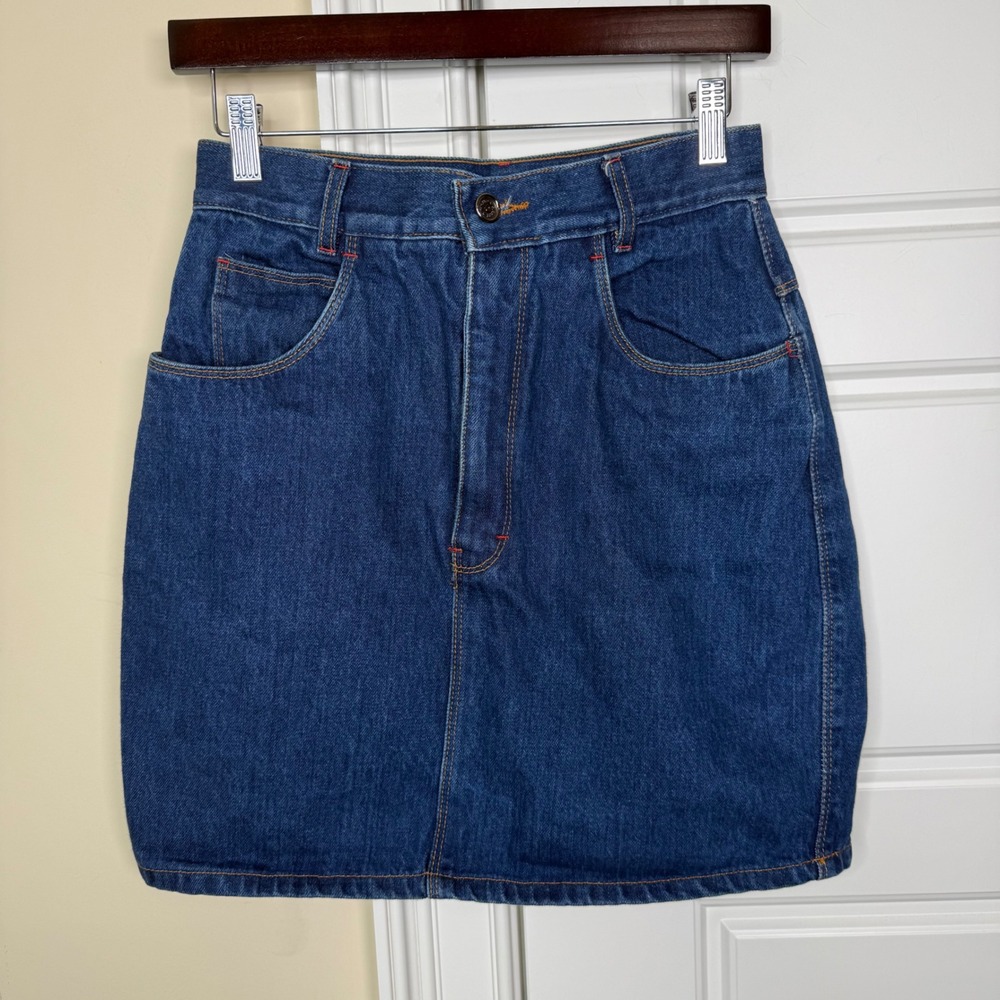 Pierre Cardin Denim Mini Skirt Womens 32 (27") Blue High Waist Vintage 90s Paris